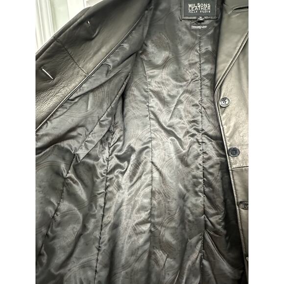 Wilsons Pelle Studio Women M Trench Coat Leather Lined Belted Button Black 90s - Picture 5 of 15